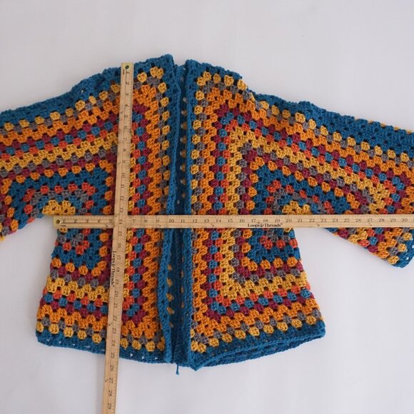 VTG Handmade Crochet Granny Square Cardigan Teal Mustard Retro Boho Sweater L - Picture 4 of 11